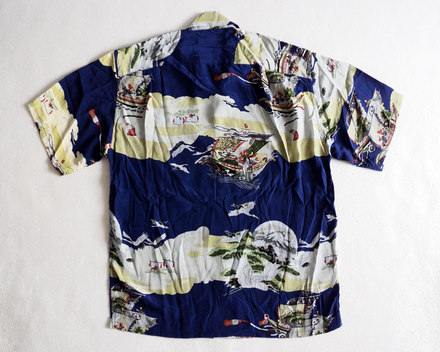 เสื้อฮาวายลายญี่ปุ่น สีน้ำเงิน ลาย นกกระเรียน ต้นสน ภูเขาไฟ เรือ