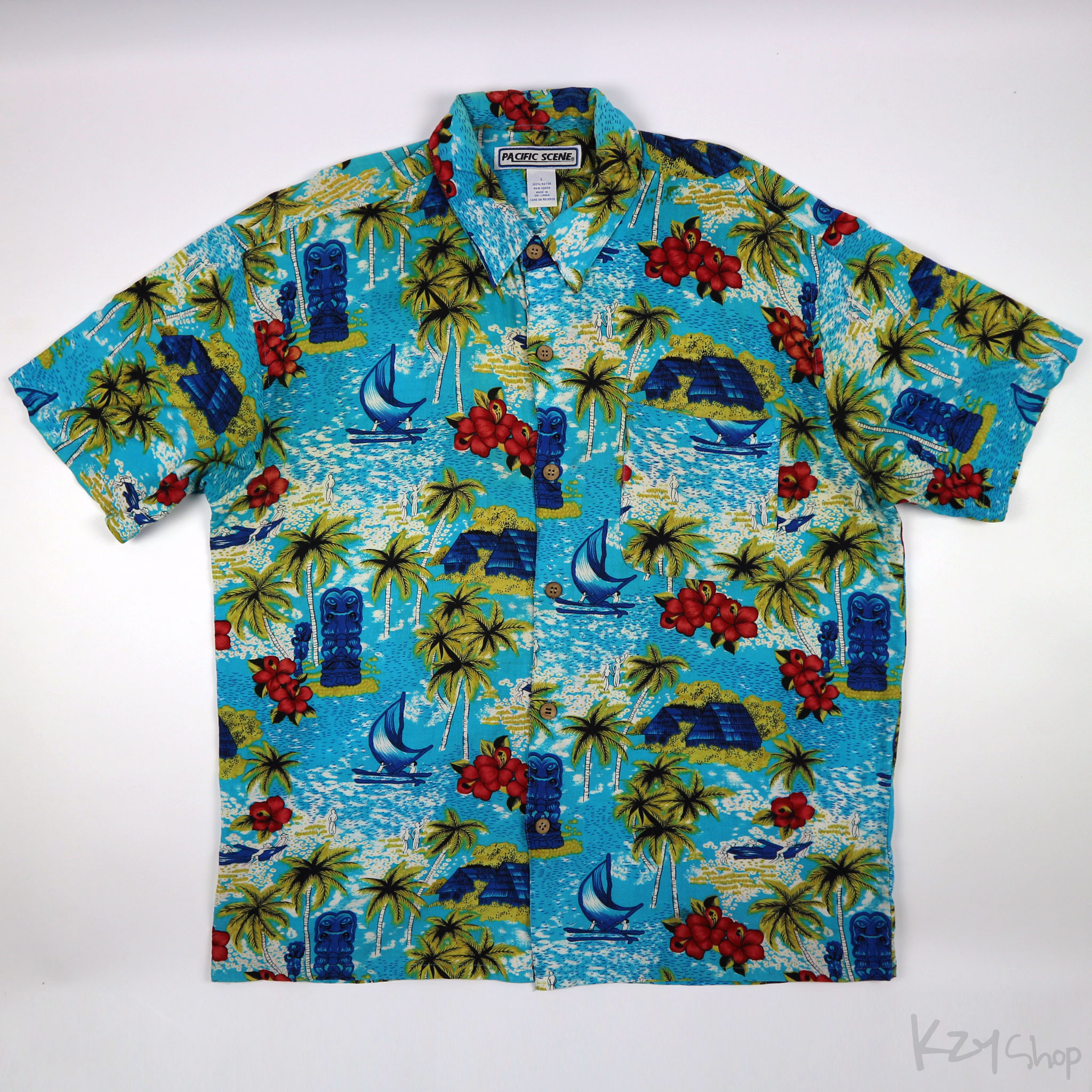 เสื้อฮาวาย PACIFIC SCENE ลาย Tiki วิวทะเล