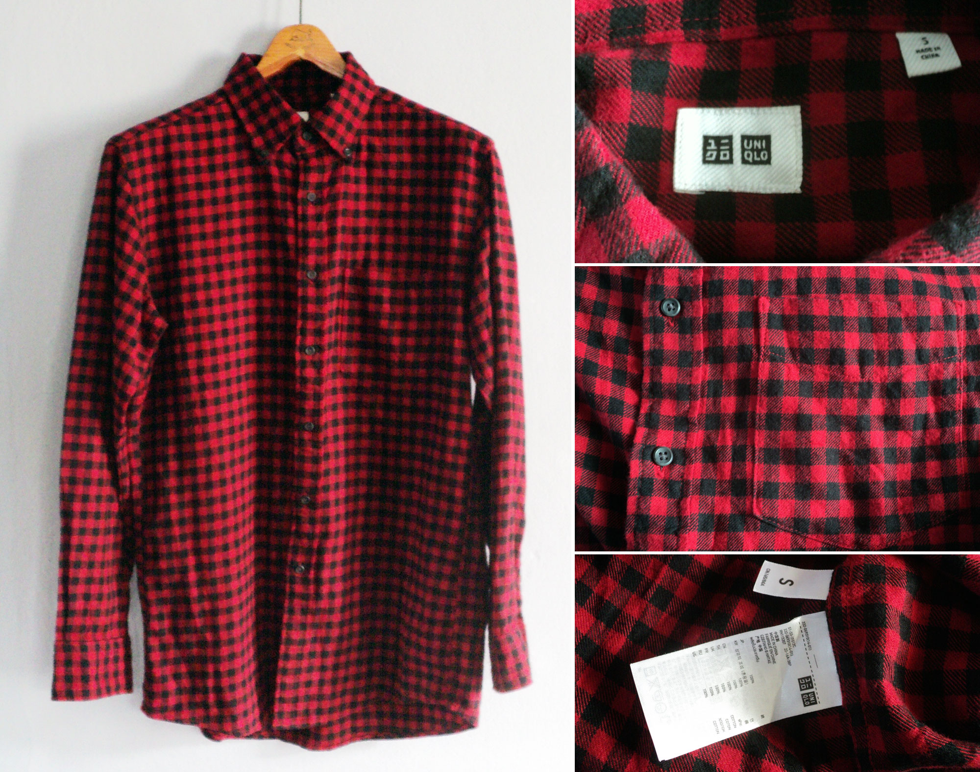 uniqlo, flannel, shirt, black, red, s, kzyshop