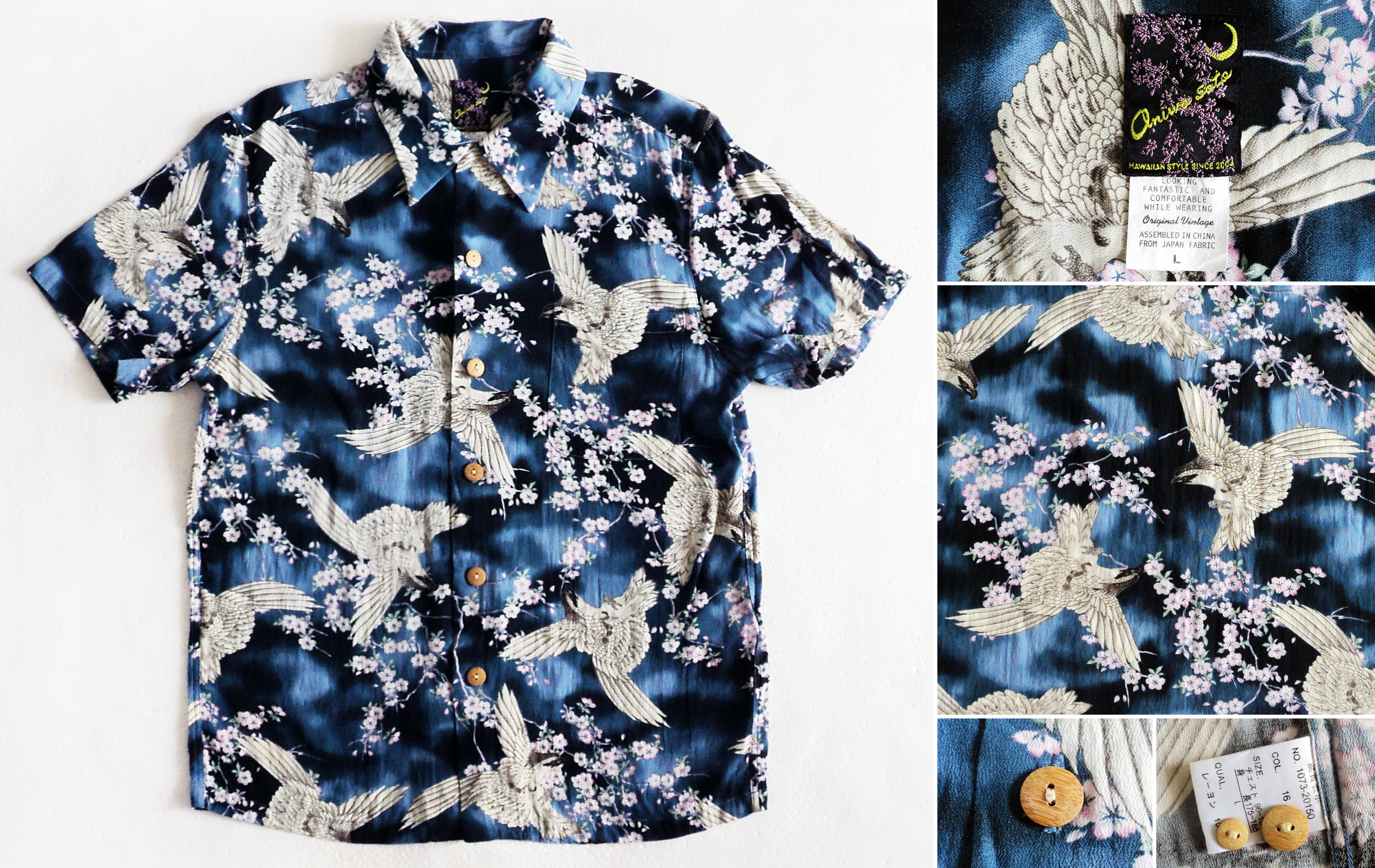 เสื้อฮาวายลายญี่ปุ่น oniwa soto  ลาย นกเหยี่ยว สีน้ำเงิน