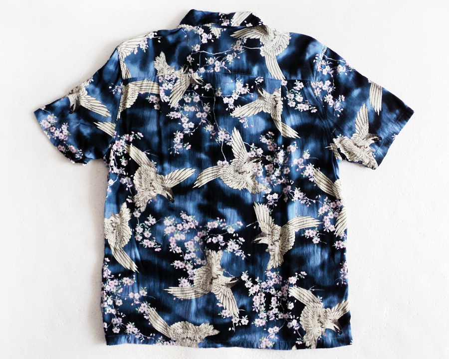 เสื้อฮาวายลายญี่ปุ่น oniwa soto ลาย นกเหยี่ยว สีน้ำเงิน