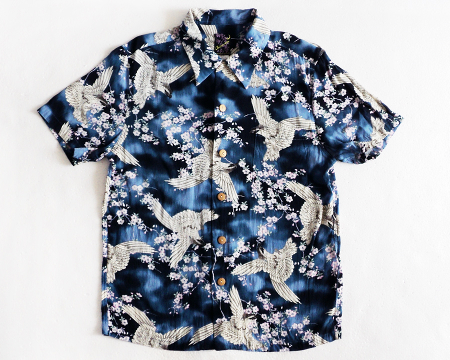 เสื้อฮาวายลายญี่ปุ่น oniwa soto ลาย นกเหยี่ยว สีน้ำเงิน
