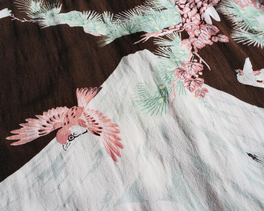 เสื้อฮาวายลายญี่ปุ่น Pearl Diver สี น้ำตาล ลาย นกกับภูเขาไฟ