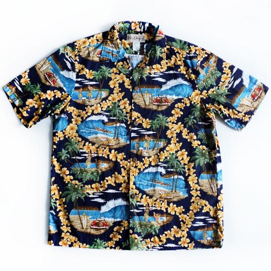 เสื้อฮาวาย Blue Hawaii สี น้ำเงิน ลาย รถ วิวทะเล สาวระบำ