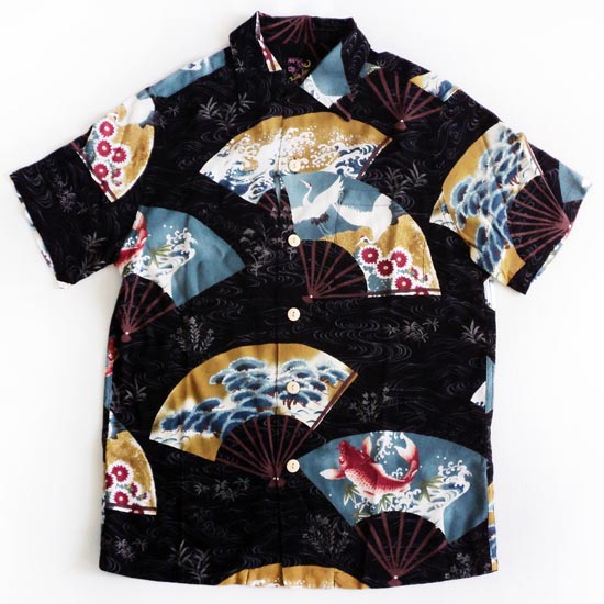 เสื้อฮาวายลายญี่ปุ่น Oniwa soto ลาย ปลาคาร์พ นกกระเรียนในพัด
