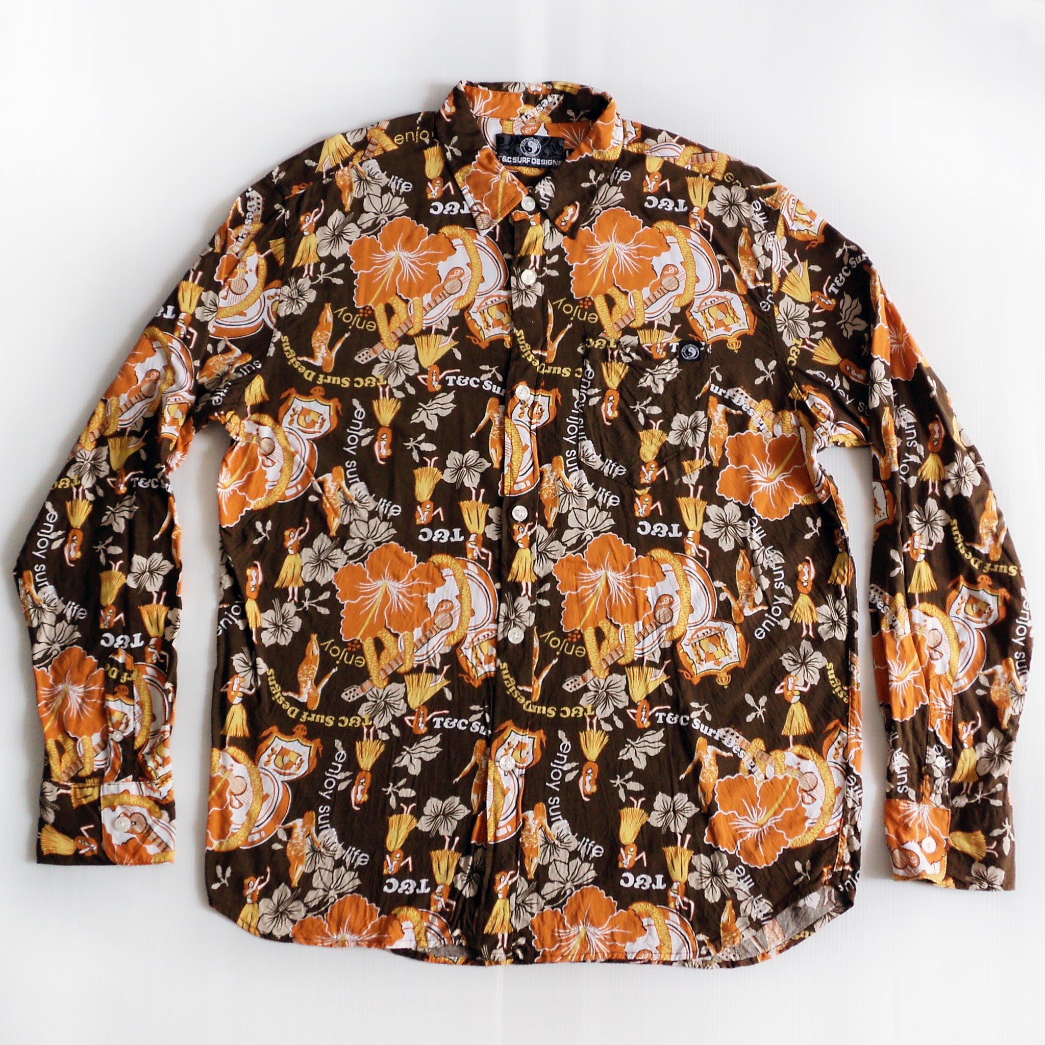 เสื้อฮาวายแขนยาว T&C SURF DESIGNS ลาย อูคูเลเล่ สาวระบำ ดอกไม้