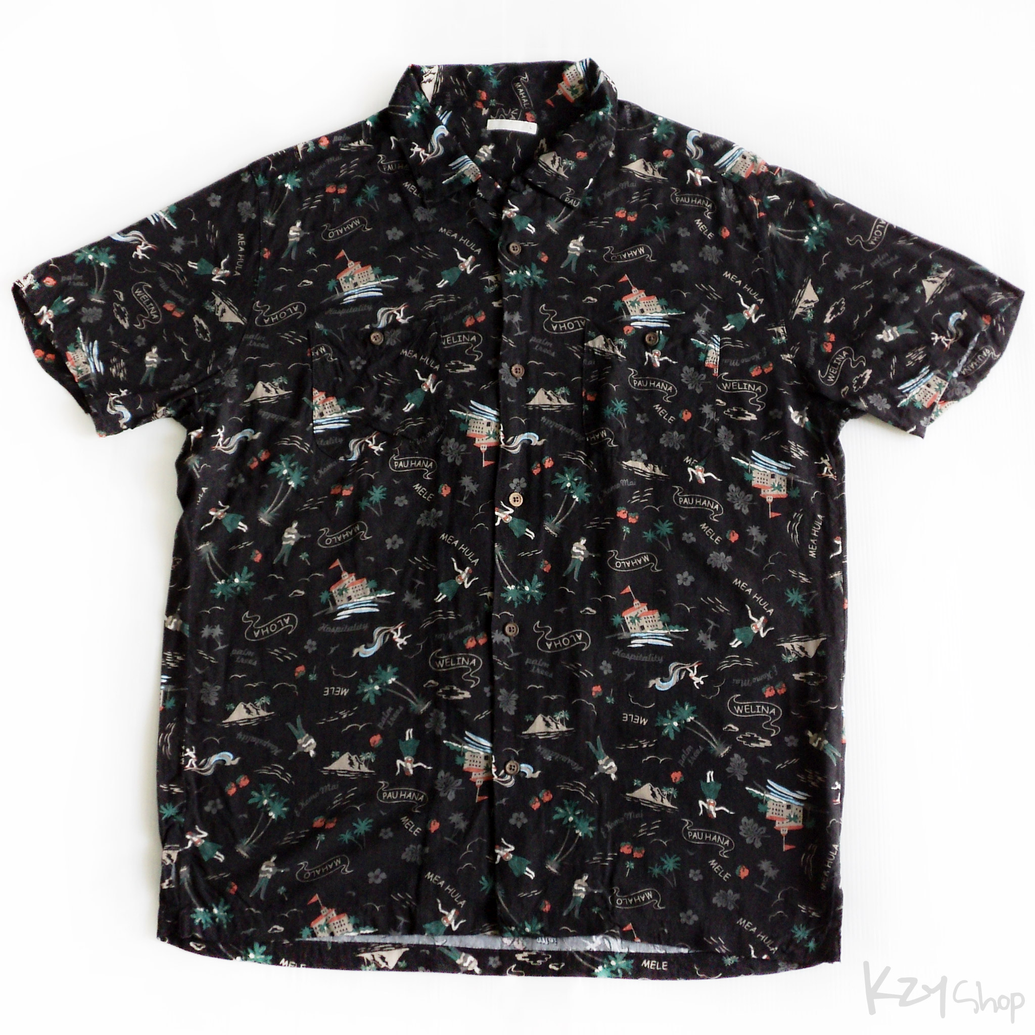 เสื้อฮาวาย สี เทาดำ ลาย ALOHA ฮาวาย