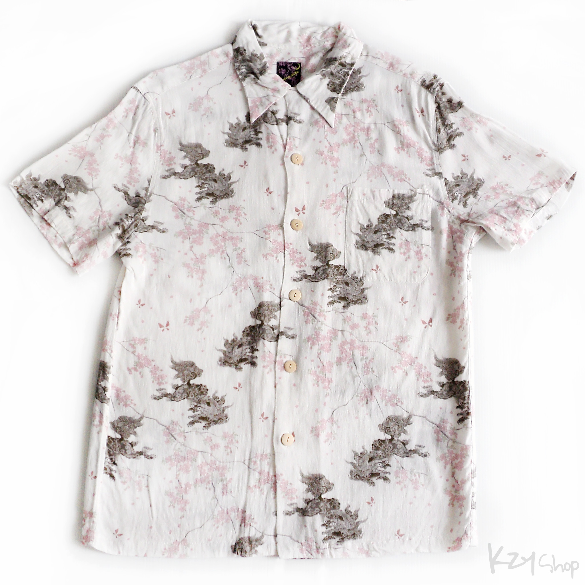 เสื้อฮาวายลายญี่ปุ่น Oniwa soto ลาย สิงห์กับบดอกซากุระ