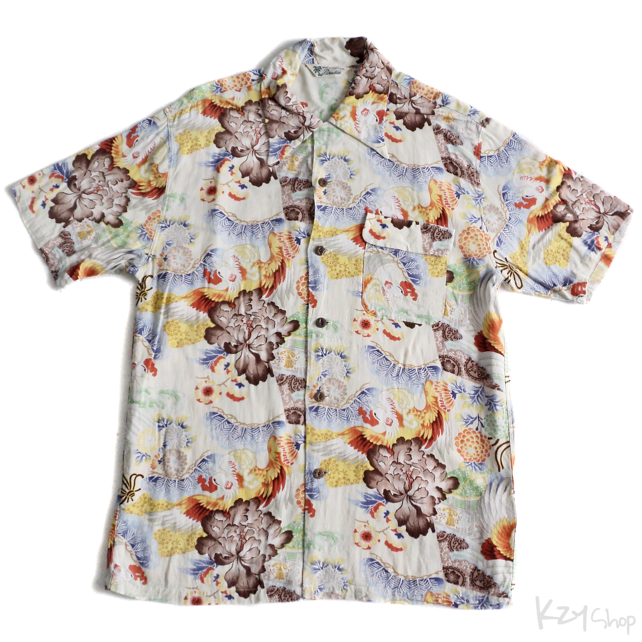 เสื้อฮาวายลายญี่ปุ่น FULL COUNT ลาย ไก่กับดอกโบตั๋น