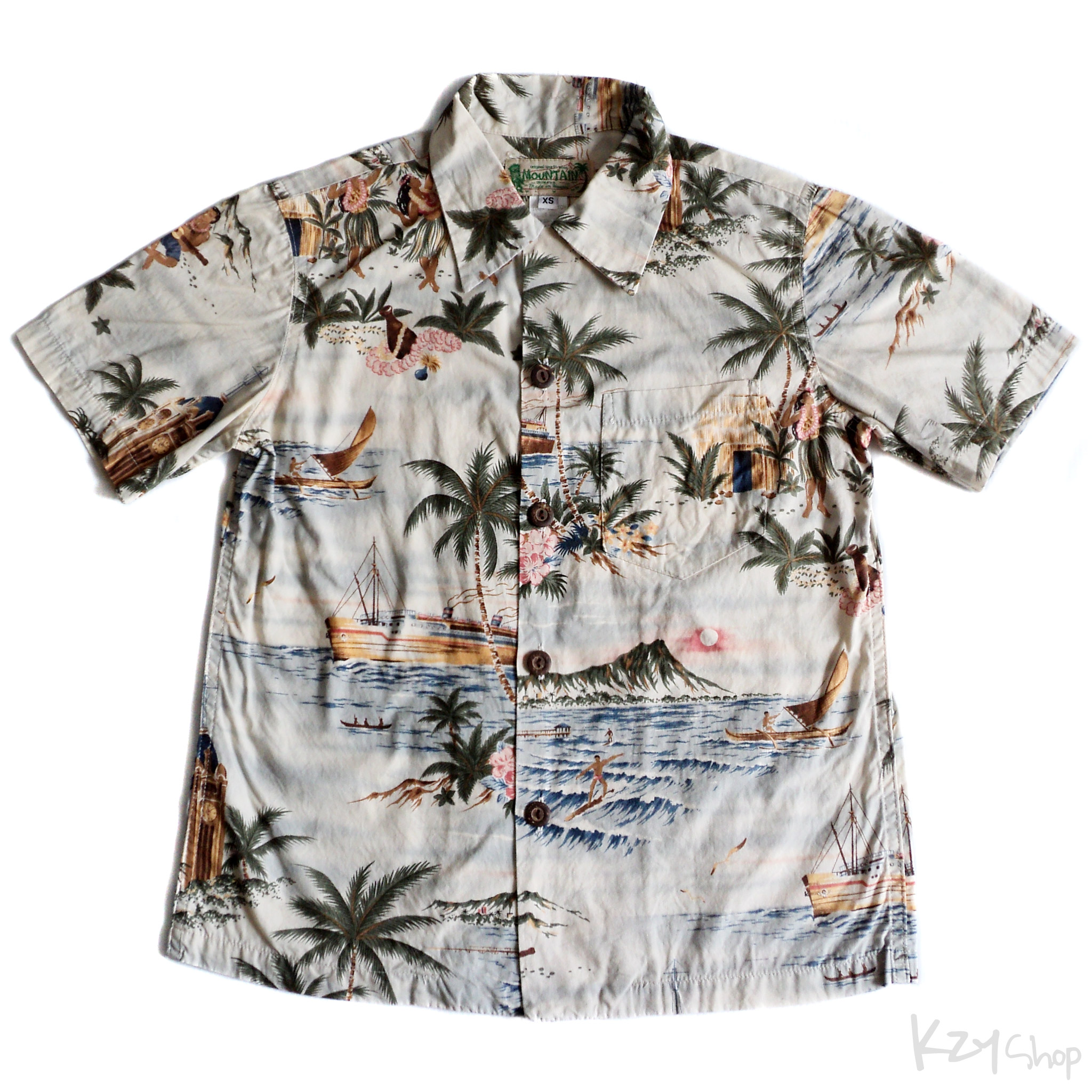 เสื้อฮาวาย MOUNTAIN OKINAWA ลาย คนเล่นเซิร์ฟ เรือ สาวระบำ วิวทะเล ภูเขา