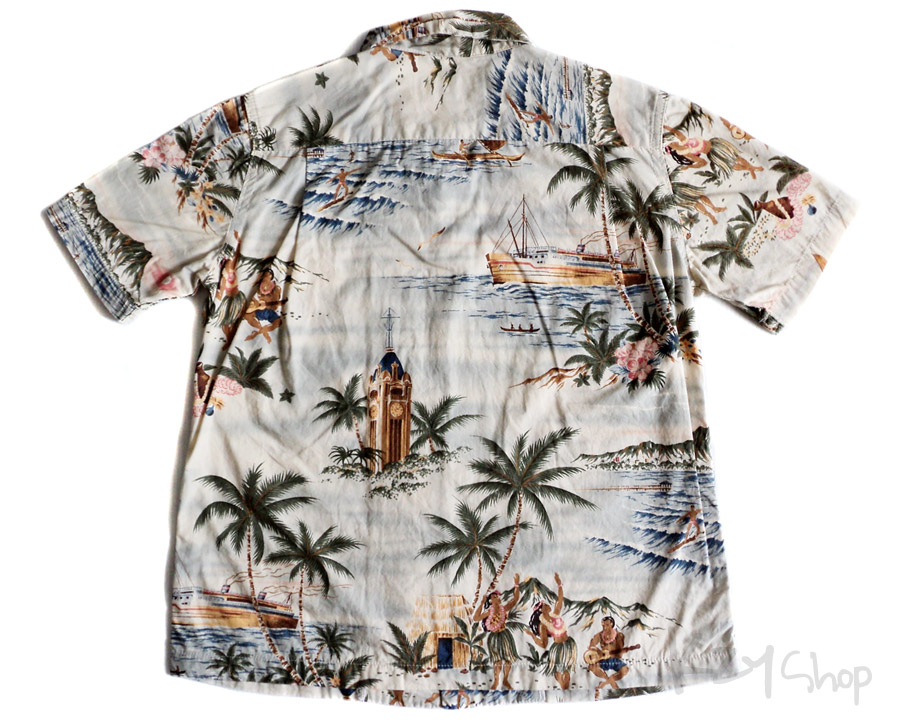 เสื้อฮาวาย MOUNTAIN OKINAWA ลาย คนเล่นเซิร์ฟ เรือ สาวระบำ วิวทะเล ภูเขา