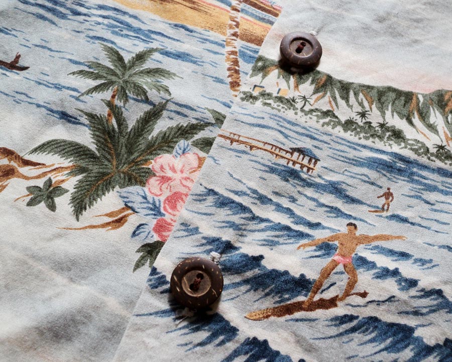 เสื้อฮาวาย MOUNTAIN OKINAWA ลาย คนเล่นเซิร์ฟ เรือ สาวระบำ วิวทะเล ภูเขา