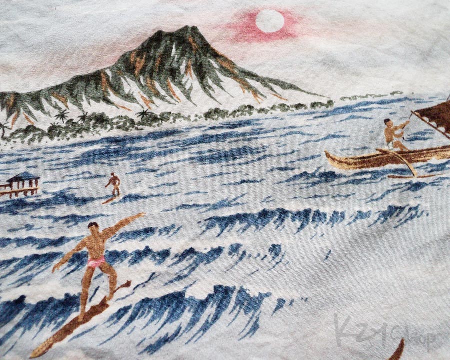 เสื้อฮาวาย MOUNTAIN OKINAWA ลาย คนเล่นเซิร์ฟ เรือ สาวระบำ วิวทะเล ภูเขา