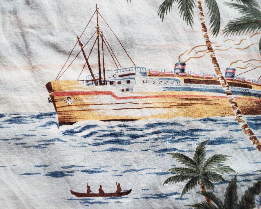 เสื้อฮาวาย MOUNTAIN OKINAWA ลาย คนเล่นเซิร์ฟ เรือ สาวระบำ วิวทะเล ภูเขา