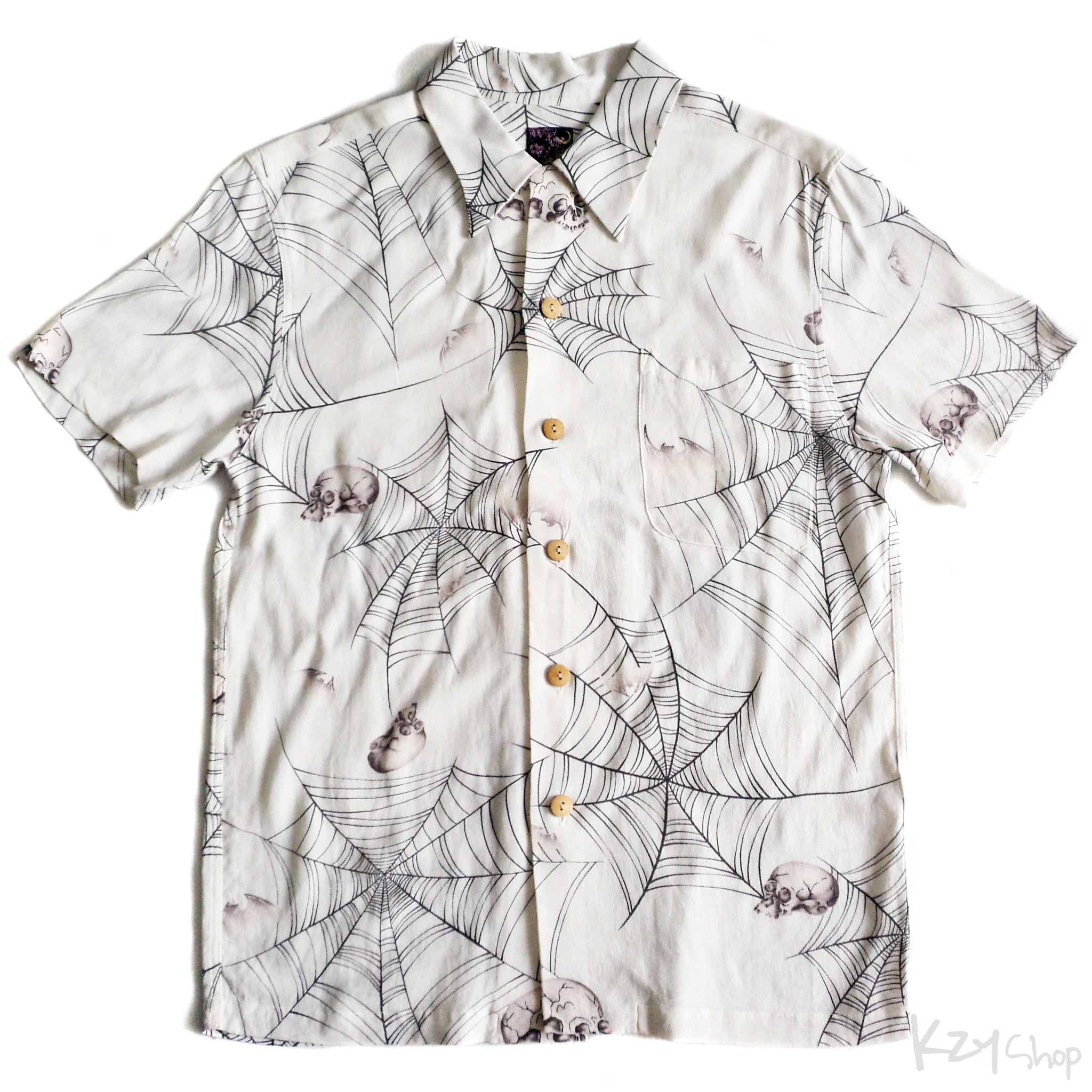 เสื้อฮาวายลายญี่ปุ่น Oniwa soto ลาย หัวกะโหลกกับใยแมงมุม
