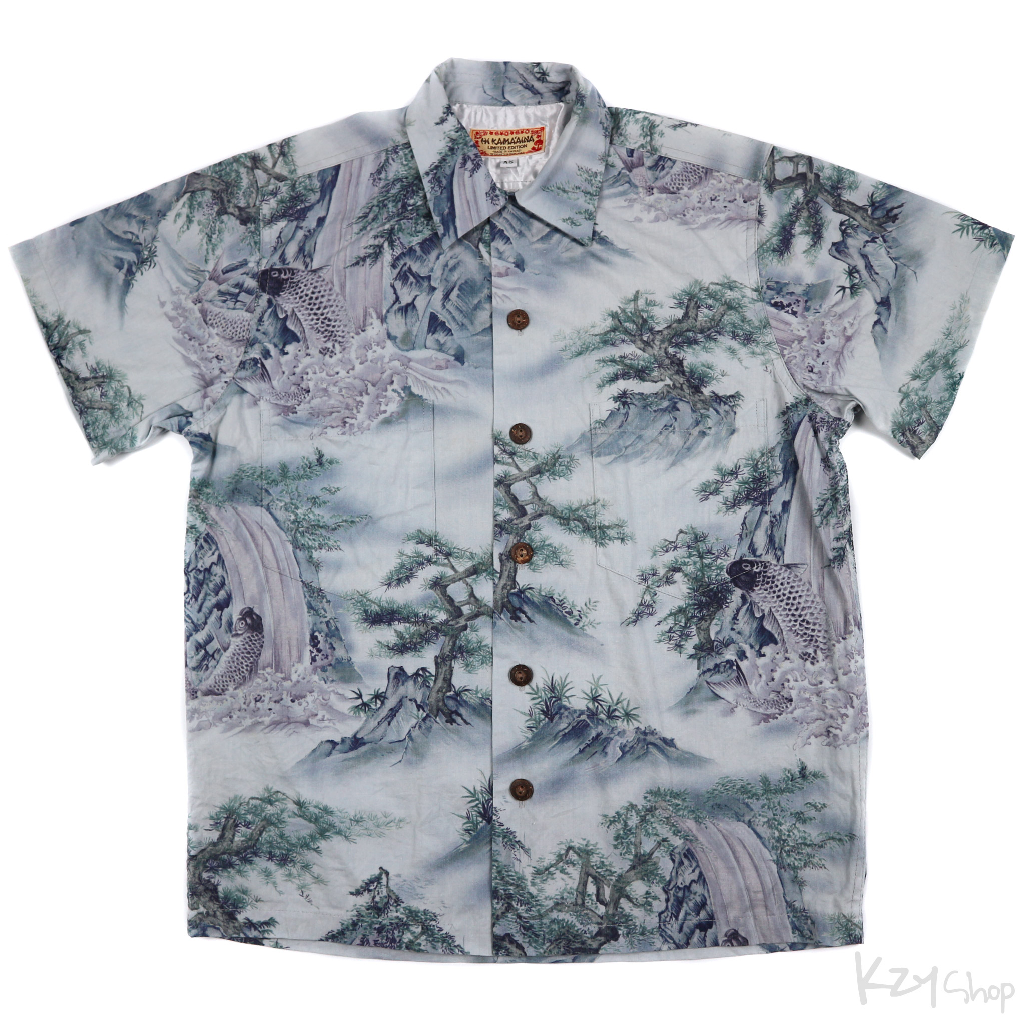 เสื้อฮาวายลายญี่ปุ่น HI KAMA'AINA ลาย ปลาคาร์ฟว่ายทวนน้ำตก
