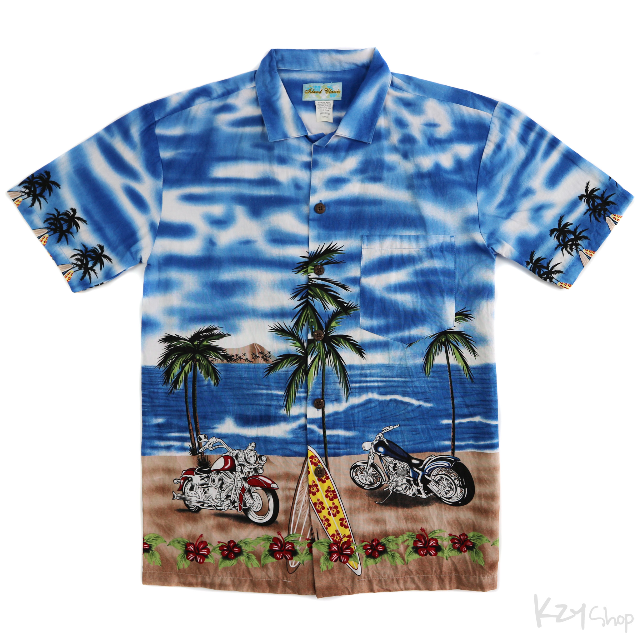 เสื้อฮาวาย Island Classic ลาย มอเตอร์ไซค์ กระดานโต้คลื่น