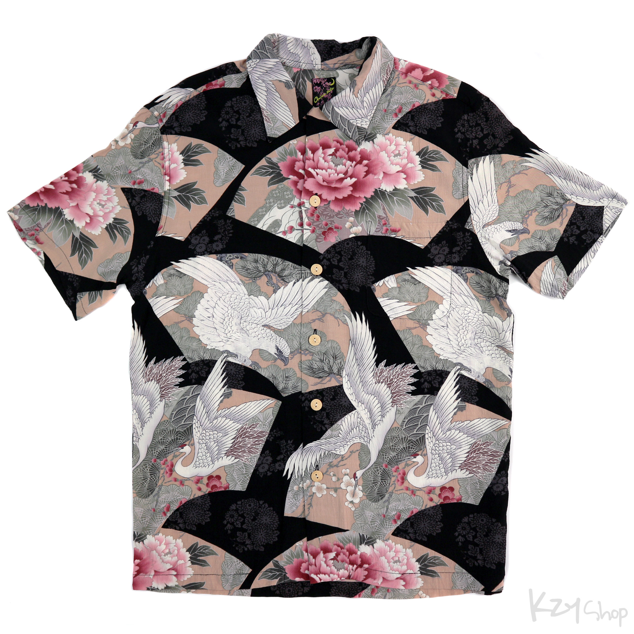 เสื้อฮาวายลายญี่ปุ่น Oniwa soto ลาย นกกระเรียนกับนกเหยี่ยว