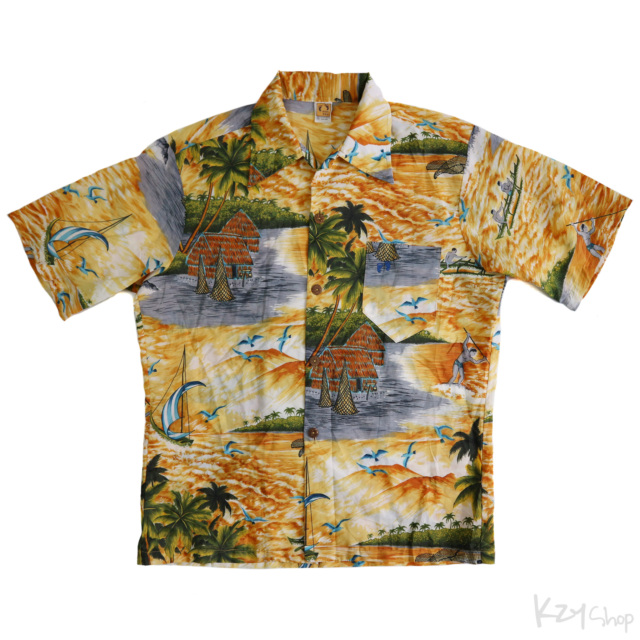 เสื้อฮาวาย HANG TEN ลาย วิวทะเล ชาวเกาะ