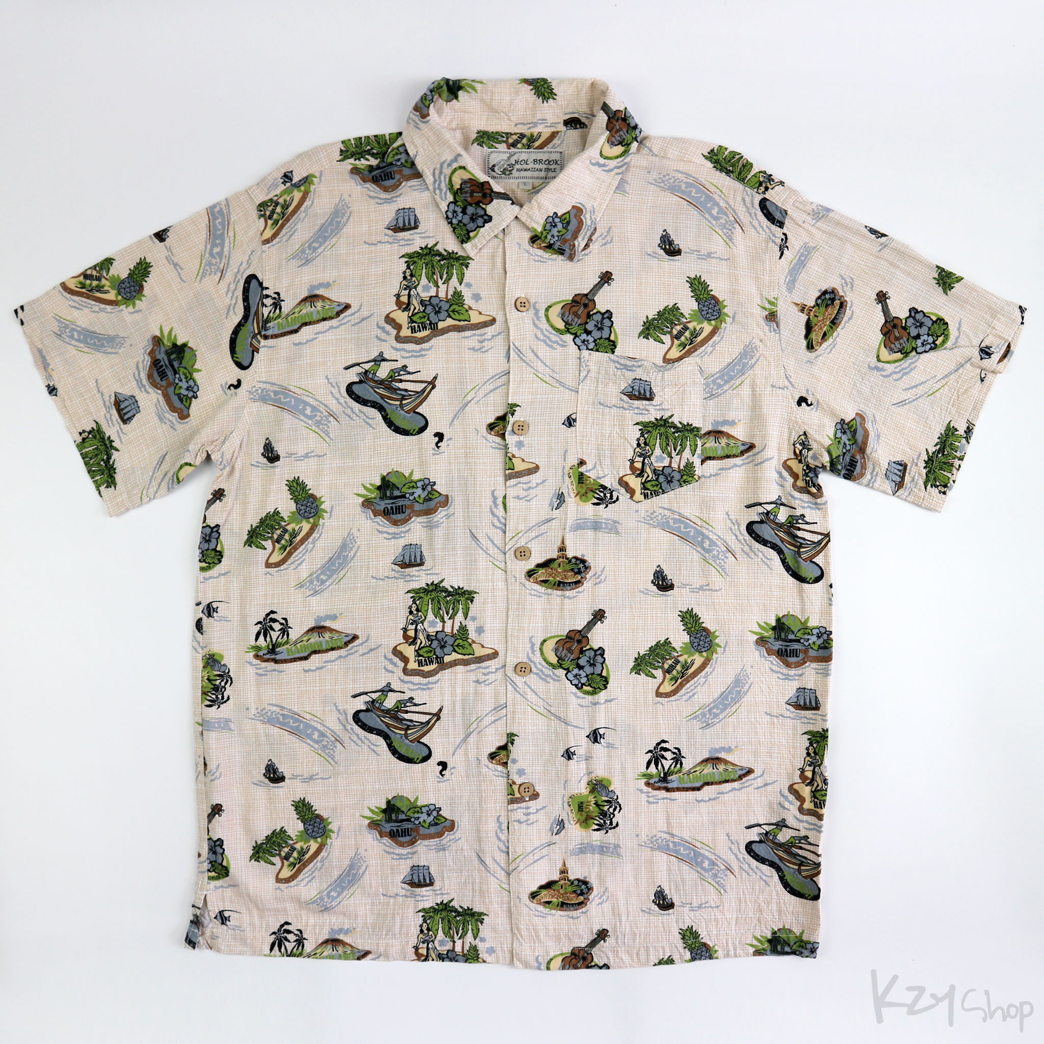 เสื้อฮาวาย HOL BROOK ลาย เกาะ สาวฮูล่า อูคูเลเล่