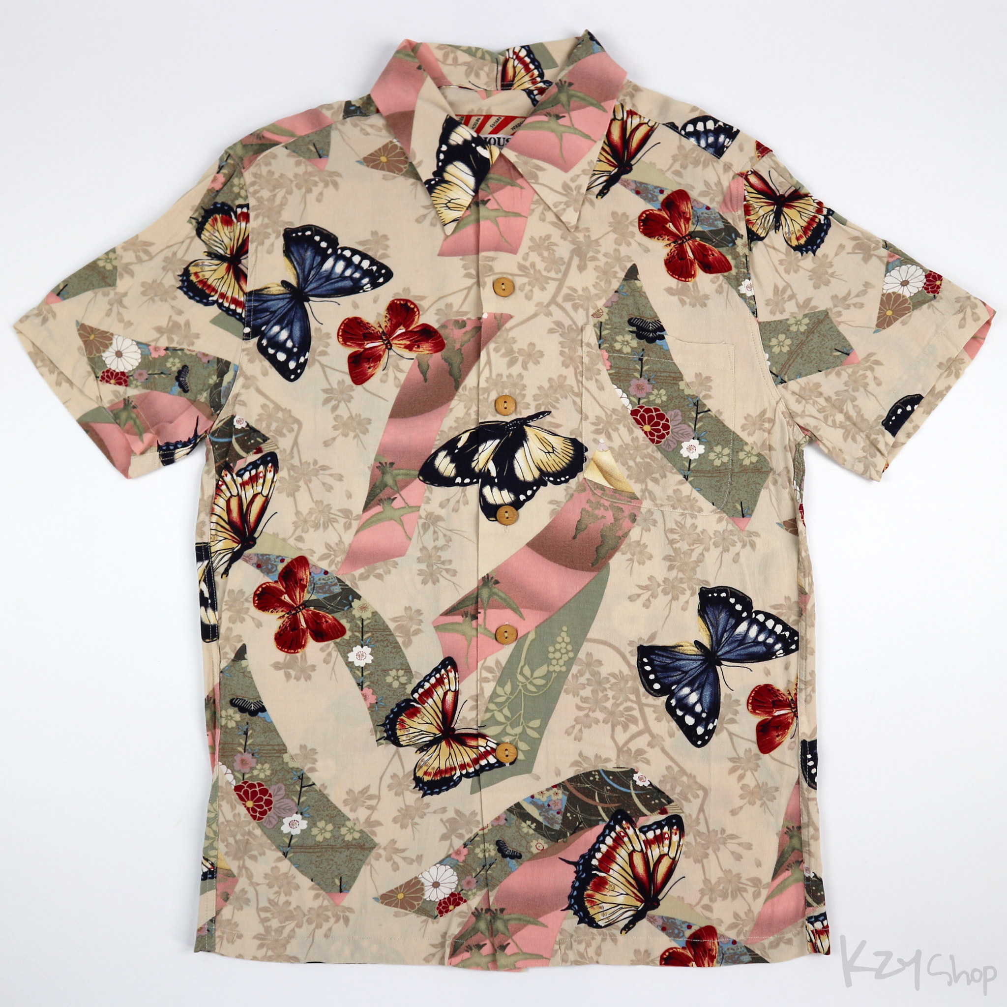 เสื้อฮาวายลายญี่ปุ่น  HOUSTON  ลาย ผีเสื้อ ริบบิ้น