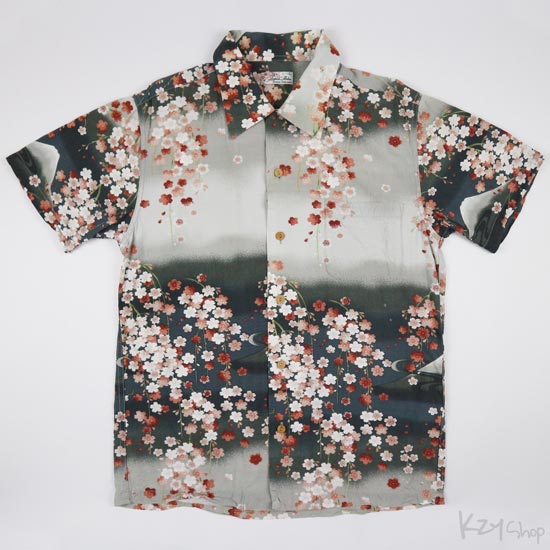 เสื้อฮาวายลายญี่ปุ่น Liquid Aloha ลาย ภูเขาไฟกับดอกซากุระ