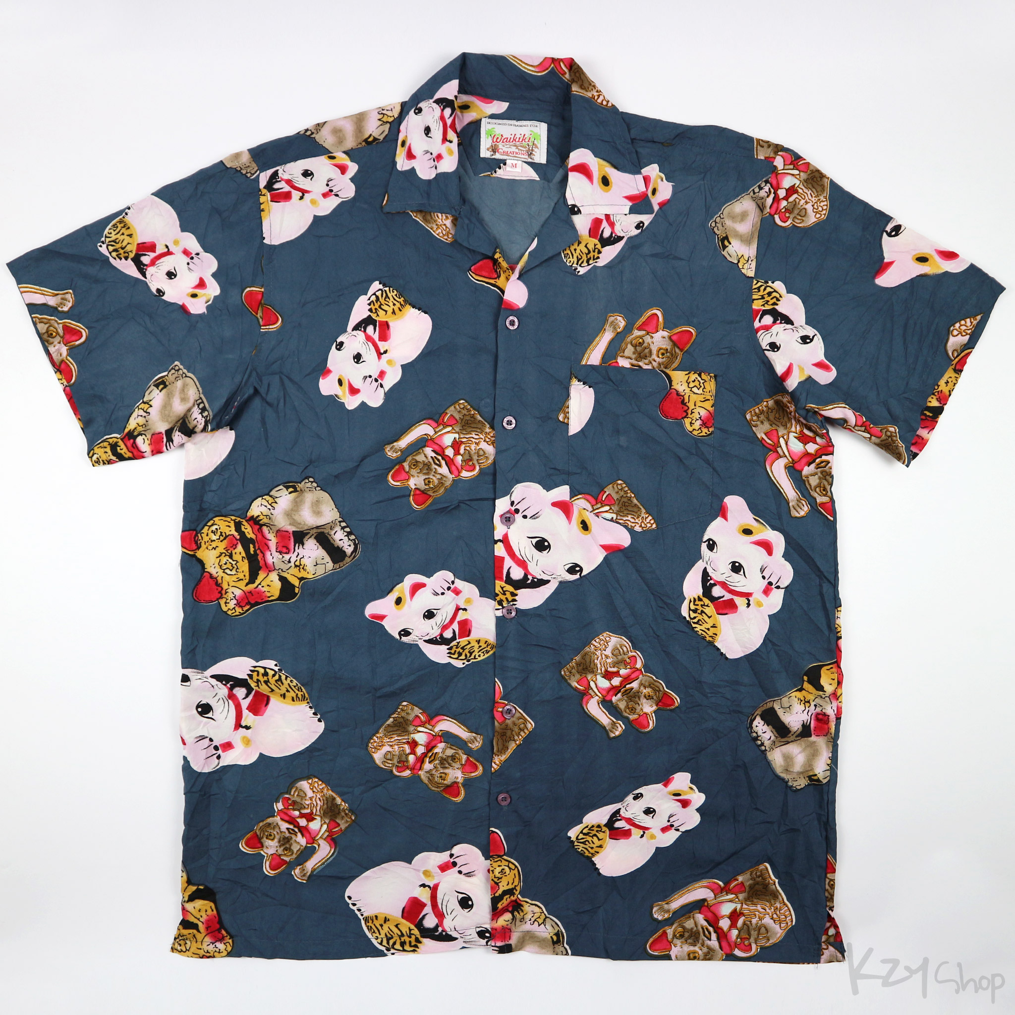 เสื้อฮาวายลายญี่ปุ่น Waikiki Creations ลาย แมวกวักนำโชค