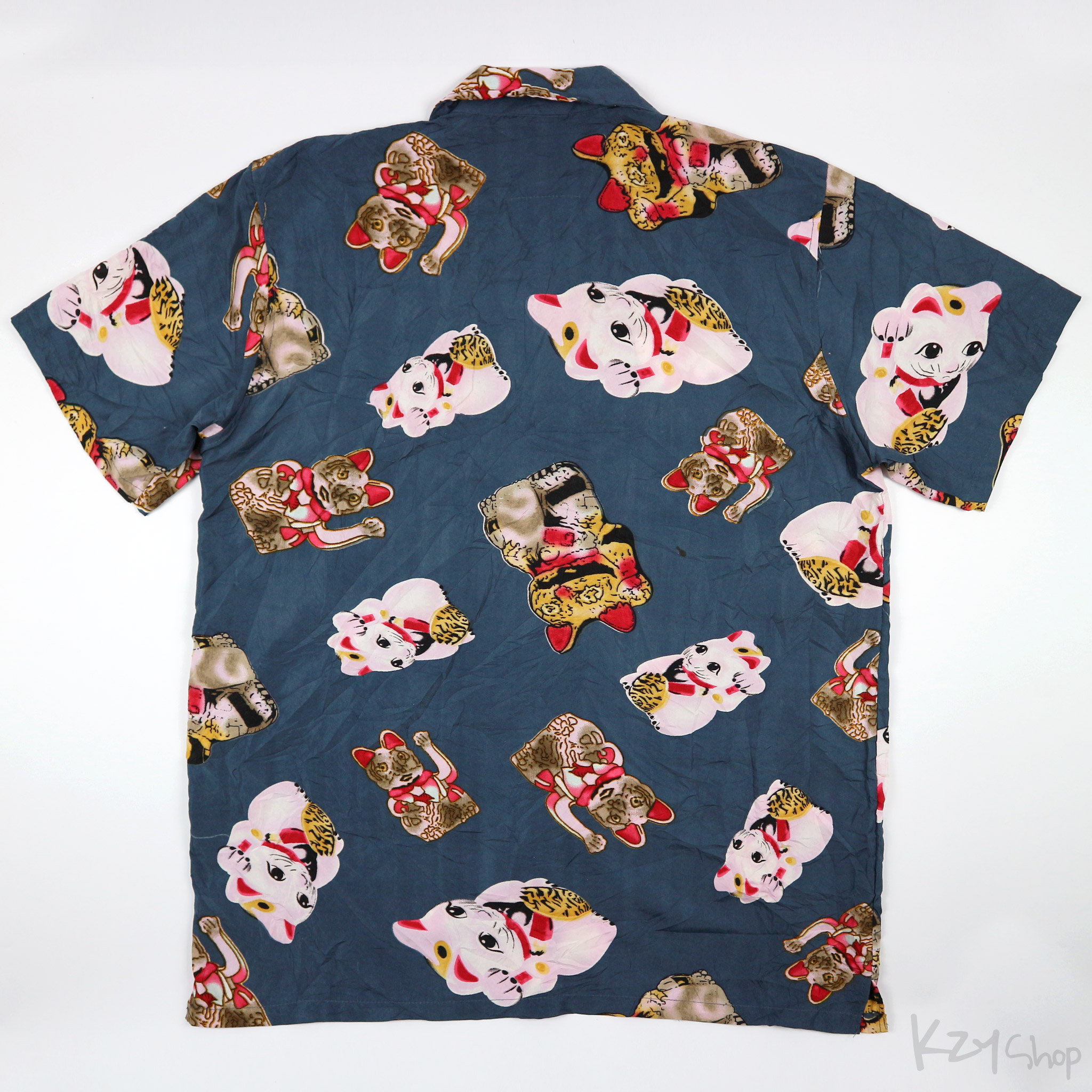 เสื้อฮาวายลายญี่ปุ่น Waikiki Creations ลาย แมวกวักนำโชค