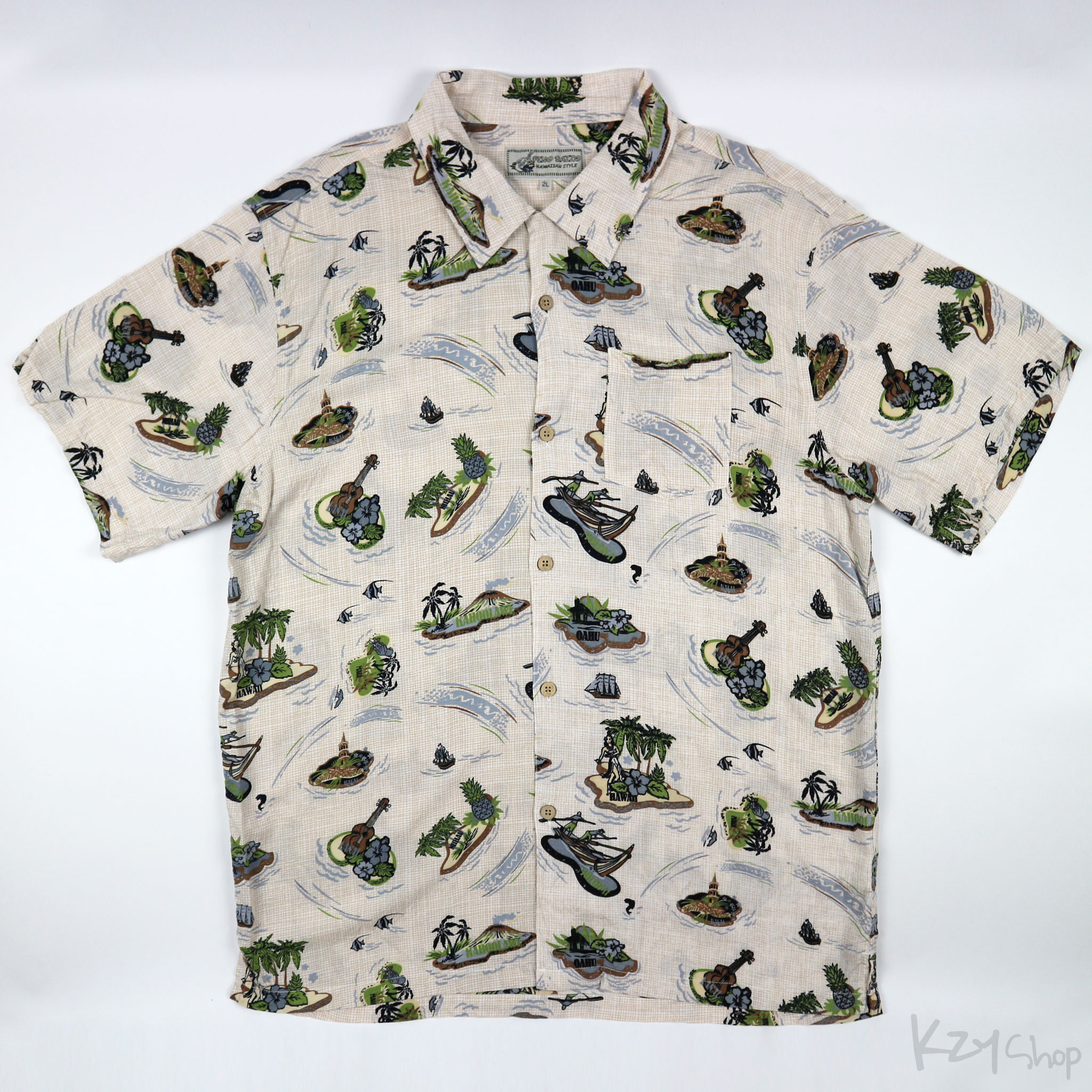 เสื้อฮาวาย PINO BAZZO ลาย เกาะ สาวฮูล่า อูคูเลเล่