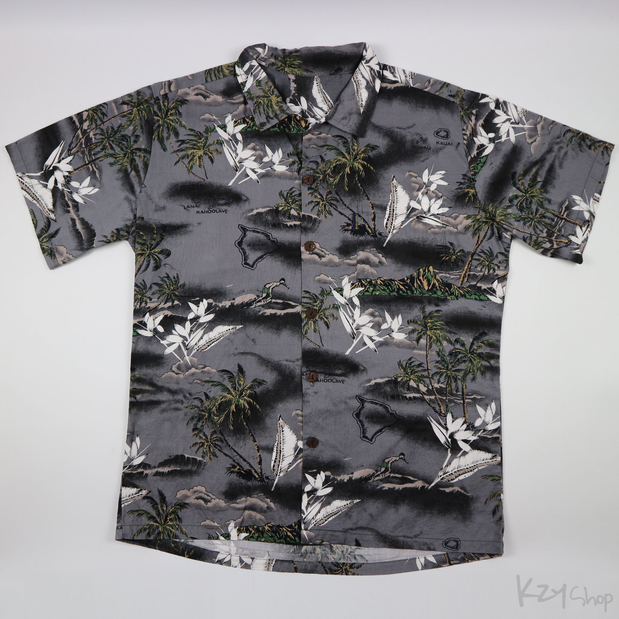 เสื้อฮาวาย Palmwave ลาย เกาะ วิวทะเล คนเล่นกระดานโต้คลื่น