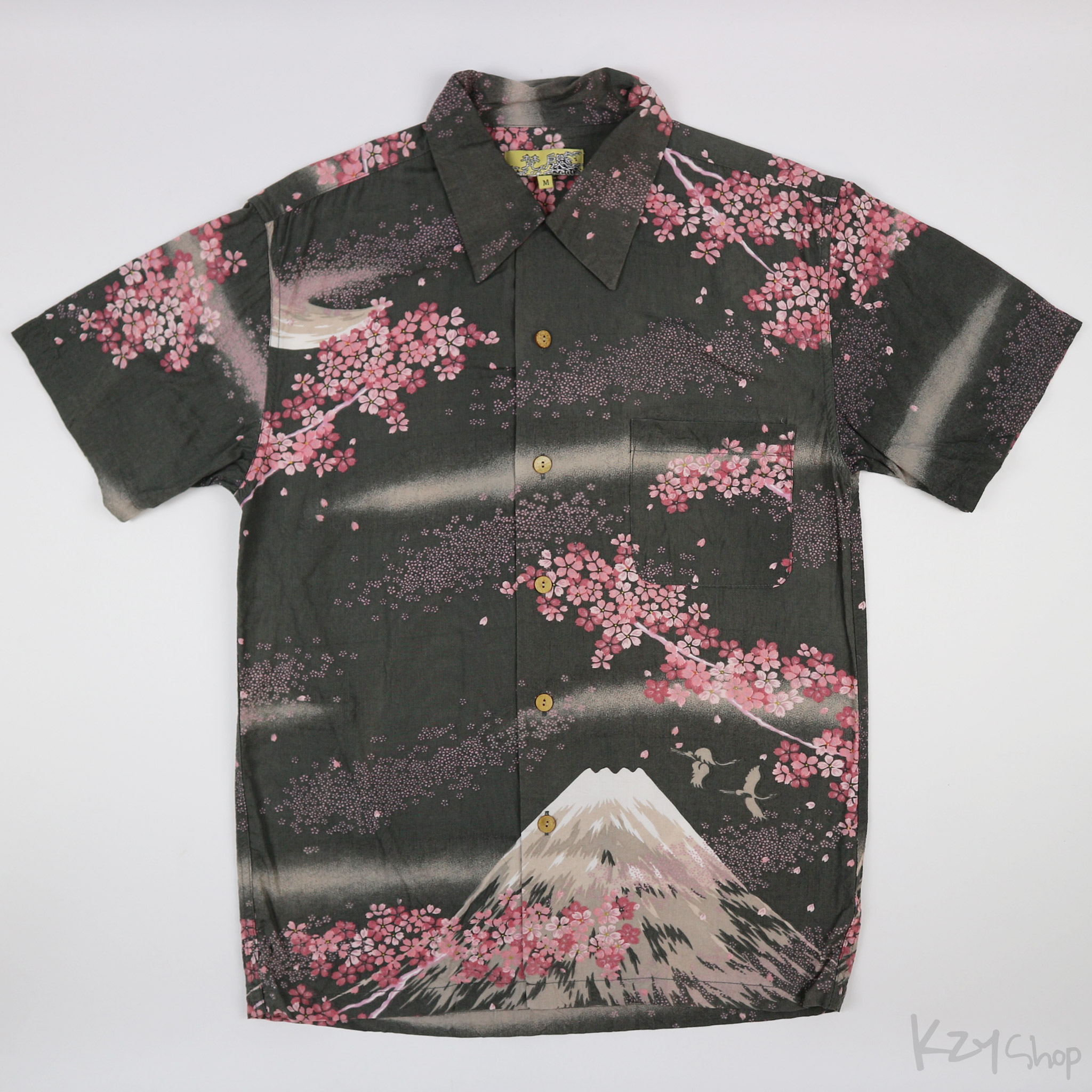 เสื้อฮาวายลายญี่ปุ่น ลาย ภูเขาไฟกับดอกซากุระ