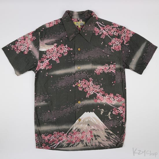 เสื้อฮาวายลายญี่ปุ่น ลาย ภูเขาไฟกับดอกซากุระ