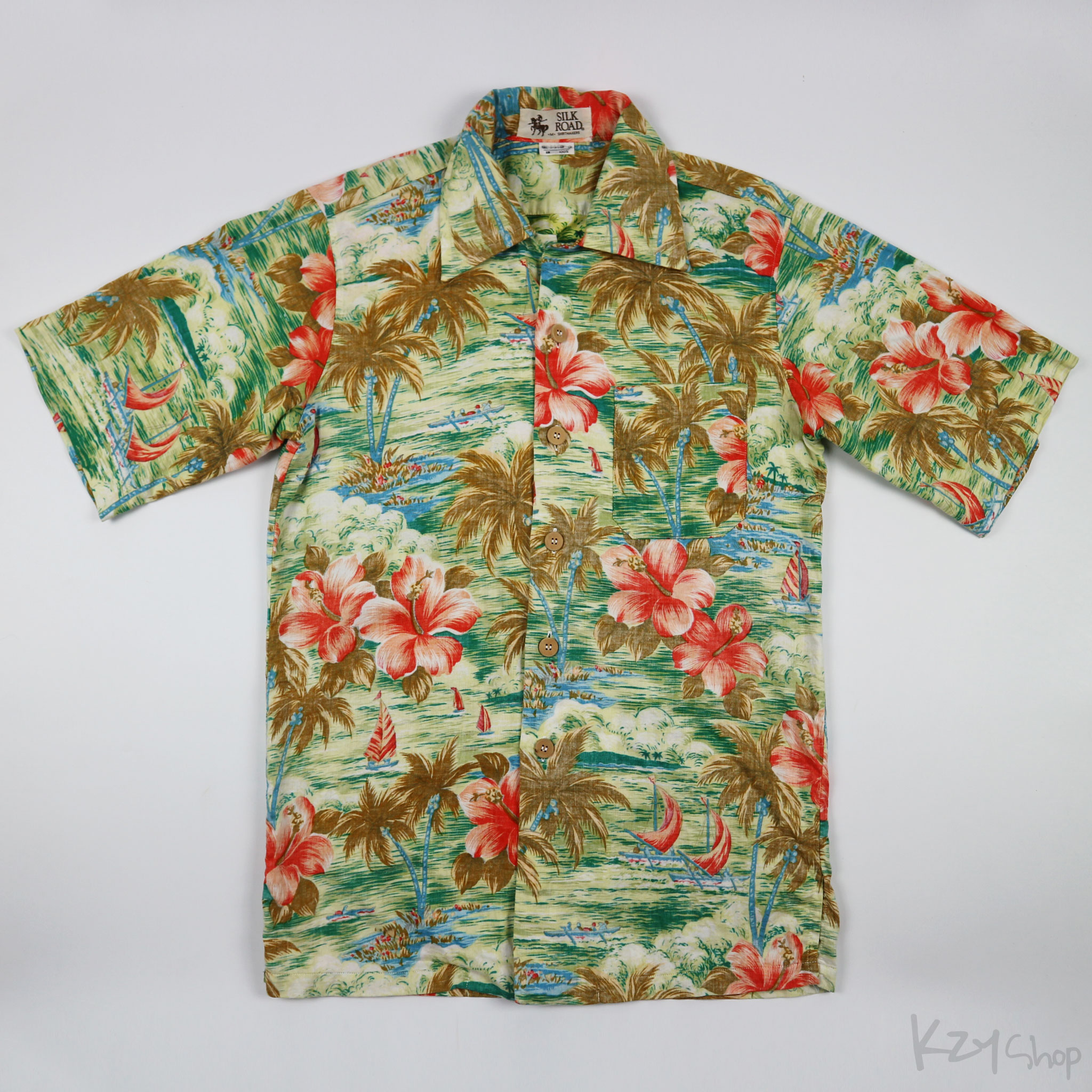 เสื้อฮาวาย SILK ROAD ลาย วิวทะเล ต้นมะพร้าว ดอกไม้