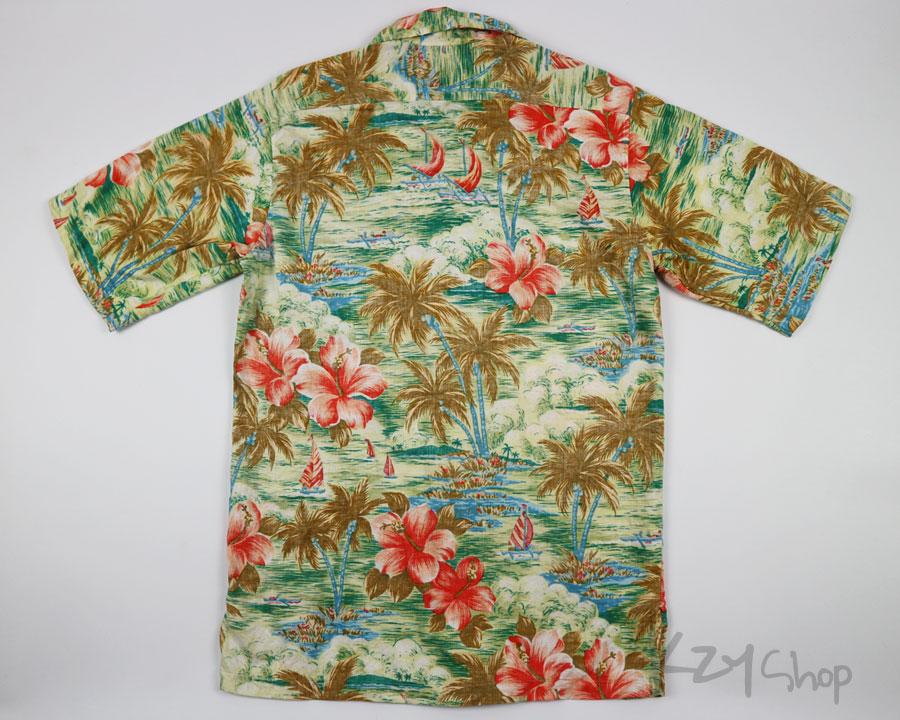 เสื้อฮาวาย SILK ROAD ลาย วิวทะเล ต้นมะพร้าว ดอกไม้