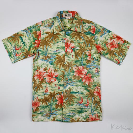 เสื้อฮาวาย SILK ROAD ลาย วิวทะเล ต้นมะพร้าว ดอกไม้