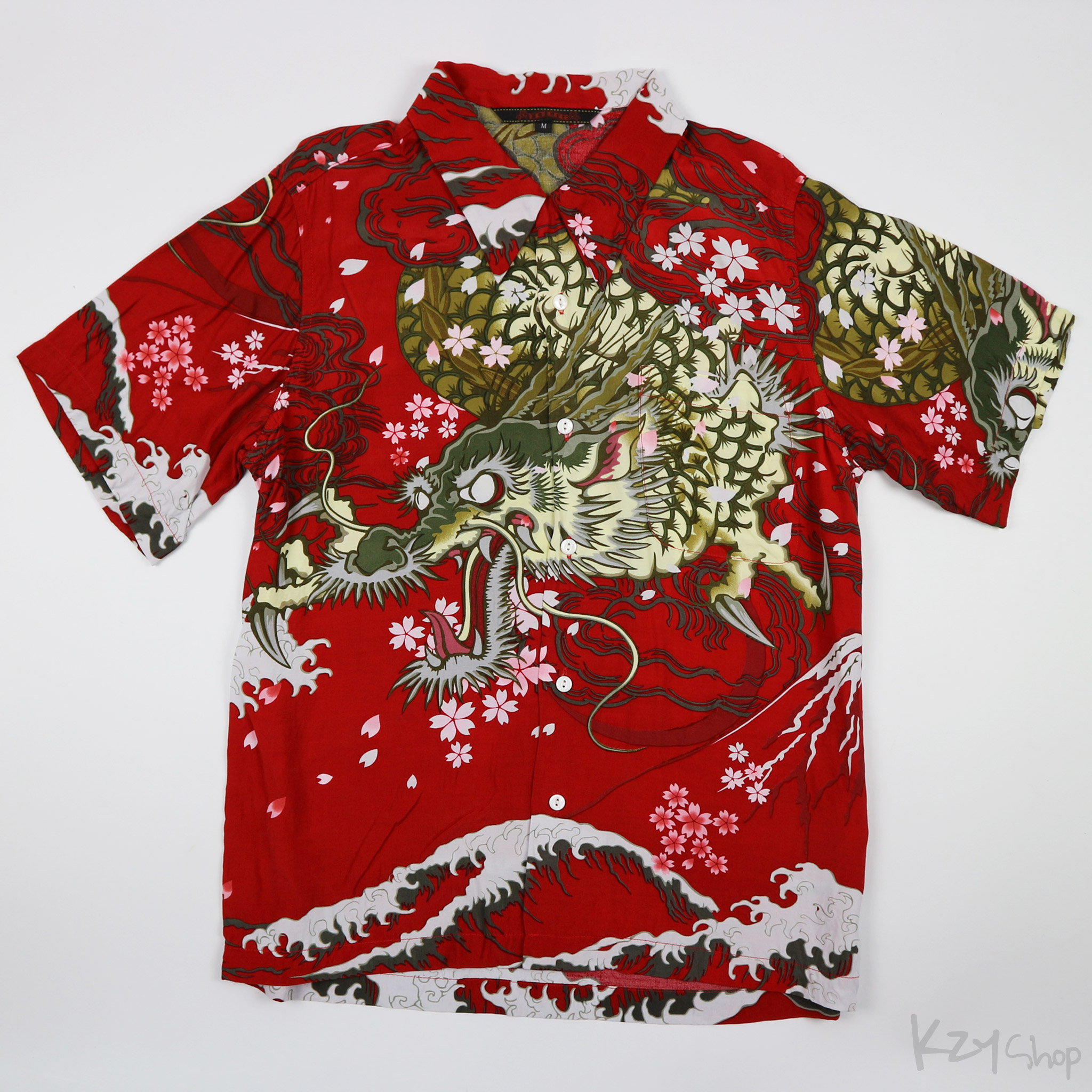 เสื้อฮาวายลายญี่ปุ่น satori - Dragon & Cherry Blossom and Wave